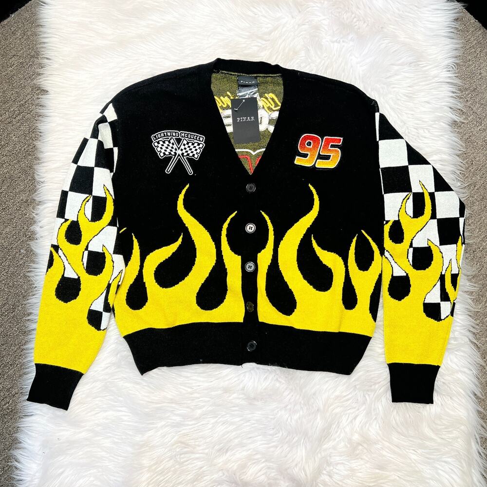 DISNEY PIXAR CARS LIGHTNING MCQUEEN FLAMING CHECKERED CARDIGAN WOMENS BOXLUNCH